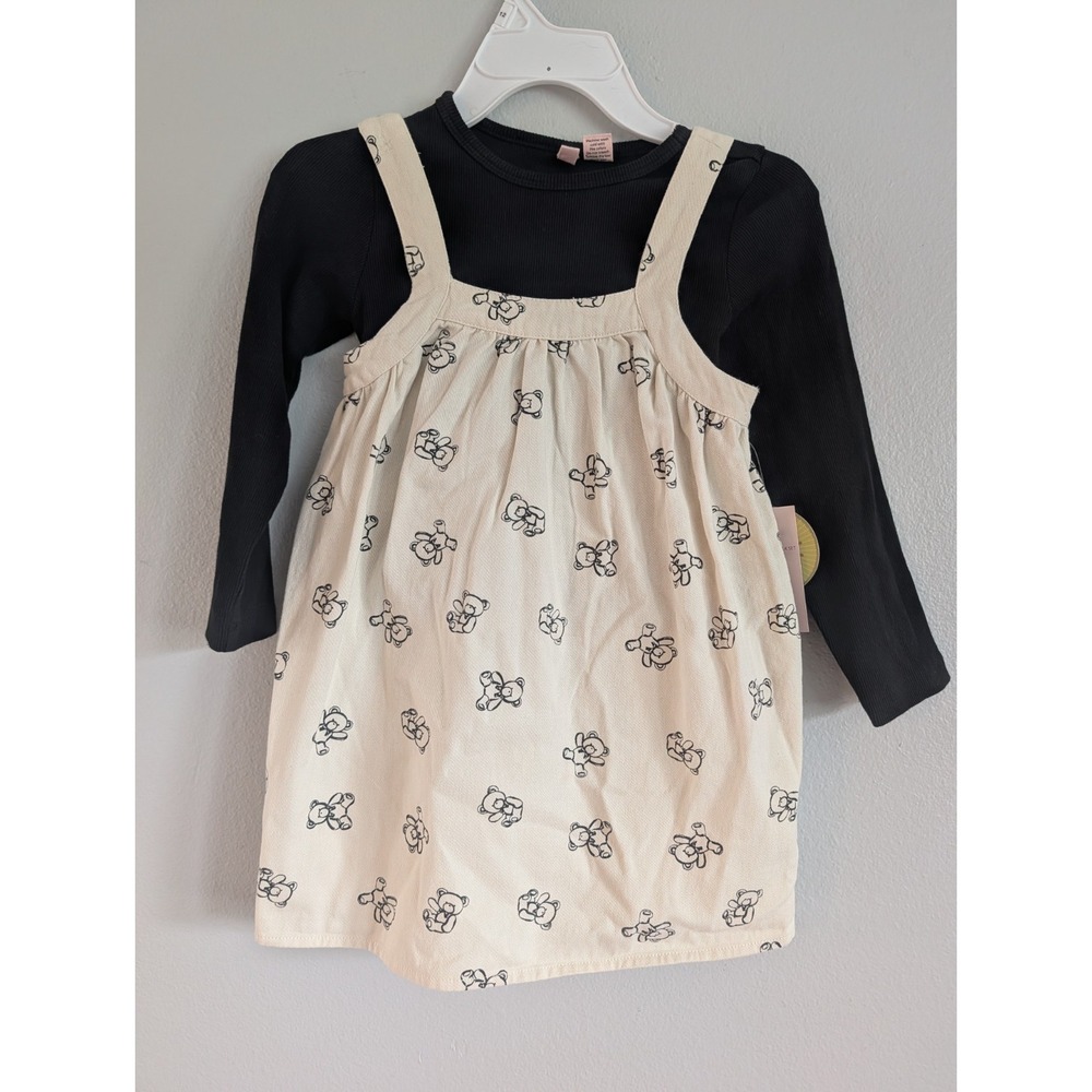 Kiwi Denim Teddy Bear Girl’s Denim  Romper Dress Black Ribbed Top Outfit Size 5